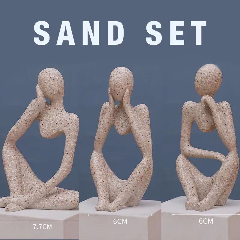 The Thinker Abstract Statue Set – Sand-Colored Yoga Figurine Sculptures for Nordic Living Room & Desk Decor