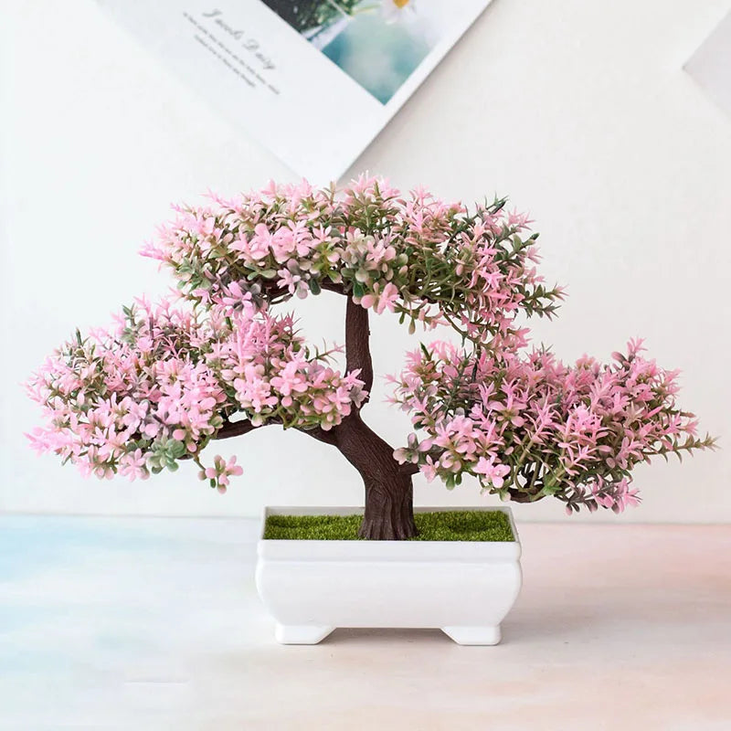 Artificial Bonsai Tree – Small Potted Fake Plant with Flowers for Home, Table, Hotel, and Garden Decoration