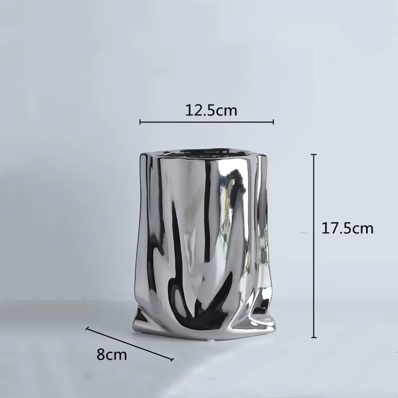 Silver Ruffled Ceramic Flower Vase – Porcelain Bag-Shaped Vase for Flower Arrangements, Home Décor, and Terrarium Display