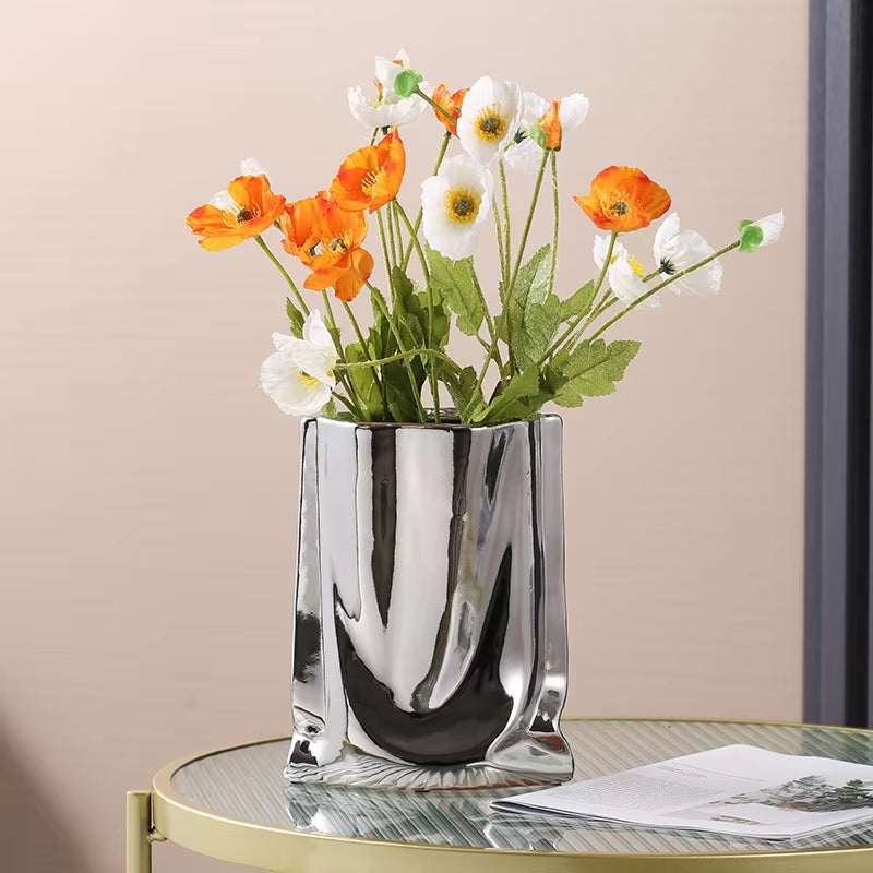 Silver Ruffled Ceramic Flower Vase – Porcelain Bag-Shaped Vase for Flower Arrangements, Home Décor, and Terrarium Display