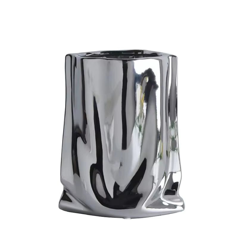 Silver Ruffled Ceramic Flower Vase – Porcelain Bag-Shaped Vase for Flower Arrangements, Home Décor, and Terrarium Display