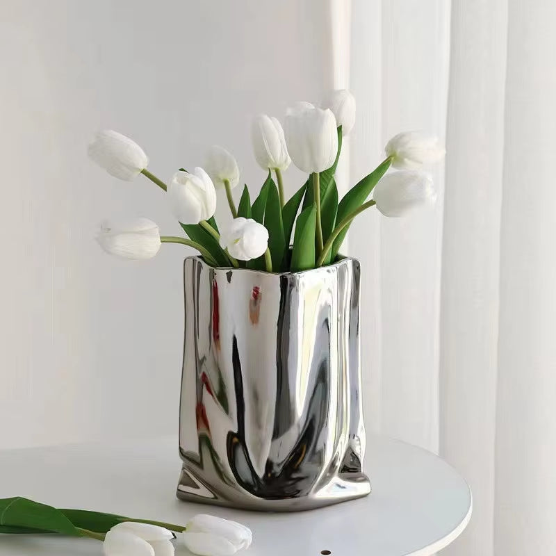 Silver Ruffled Ceramic Flower Vase – Porcelain Bag-Shaped Vase for Flower Arrangements, Home Décor, and Terrarium Display