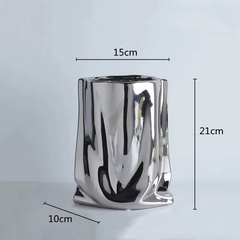 Silver Ruffled Ceramic Flower Vase – Porcelain Bag-Shaped Vase for Flower Arrangements, Home Décor, and Terrarium Display