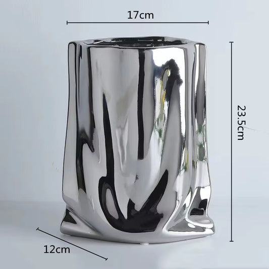 Silver Ruffled Ceramic Flower Vase – Porcelain Bag-Shaped Vase for Flower Arrangements, Home Décor, and Terrarium Display