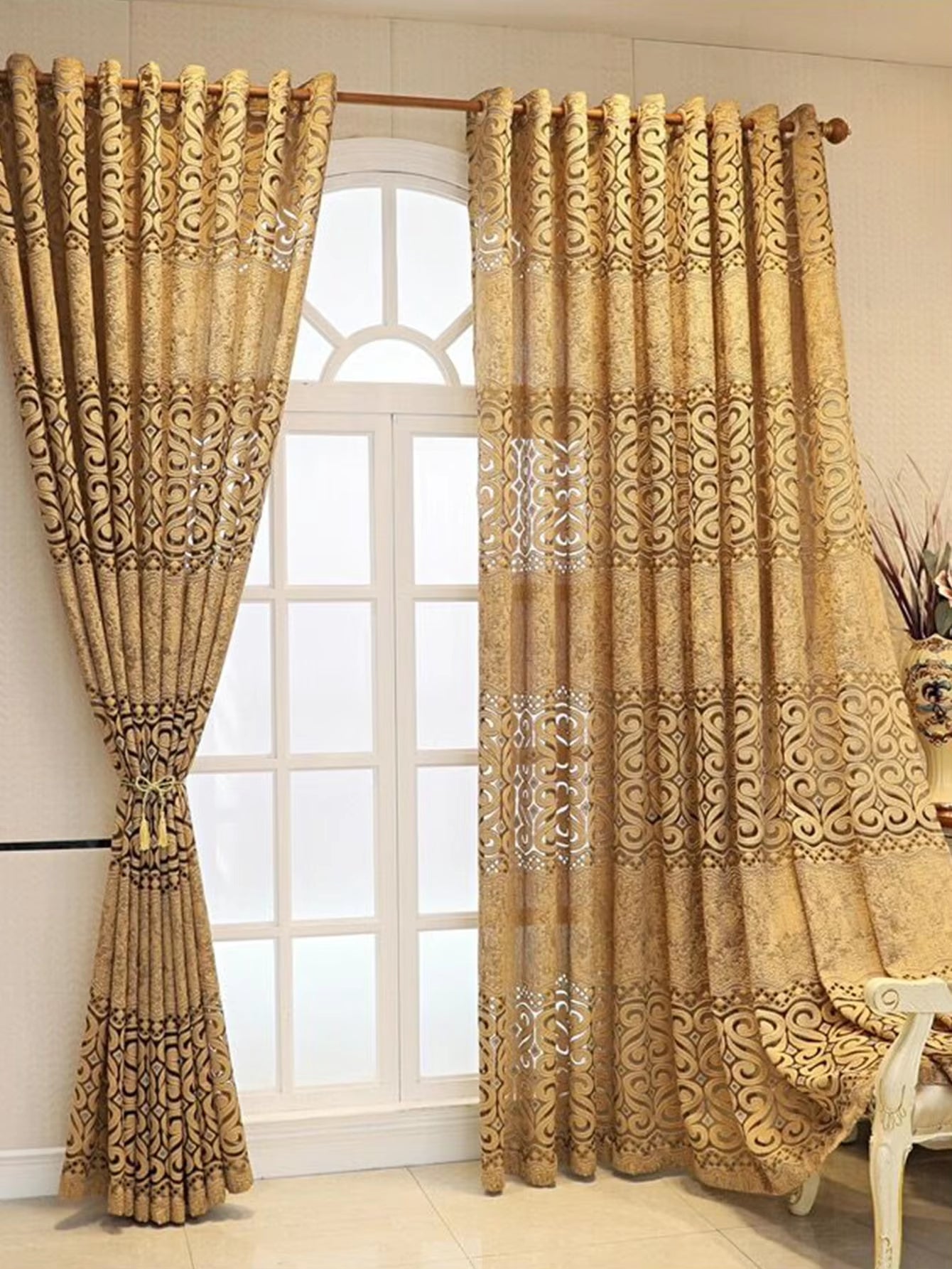  Khaki Eight-Character Hollow Perforated Curtains – Perfect for Living Room and Bedroom Décor