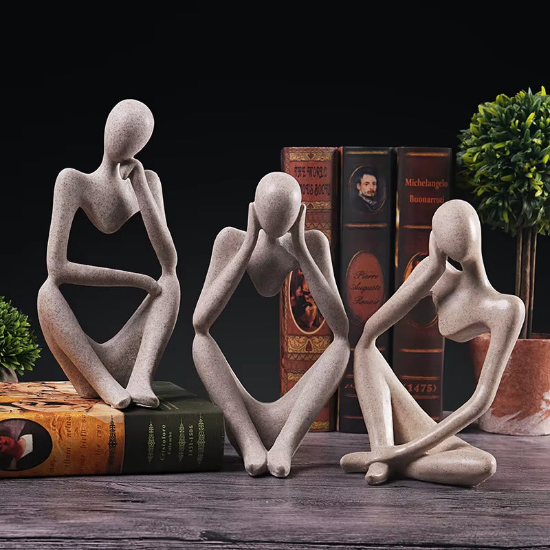 The Thinker Abstract Statue Set – Sand-Colored Yoga Figurine Sculptures for Nordic Living Room & Desk Decor