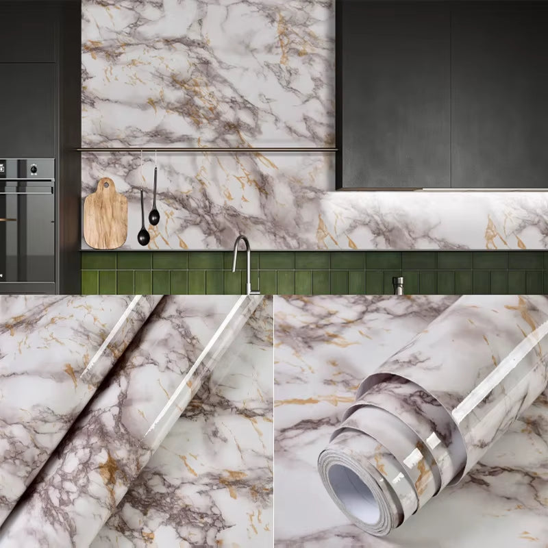 40cm Self-Adhesive Marble Pattern Kitchen Wallpaper – Waterproof, Oil-Proof PVC Home Decoration for a Luxurious Look