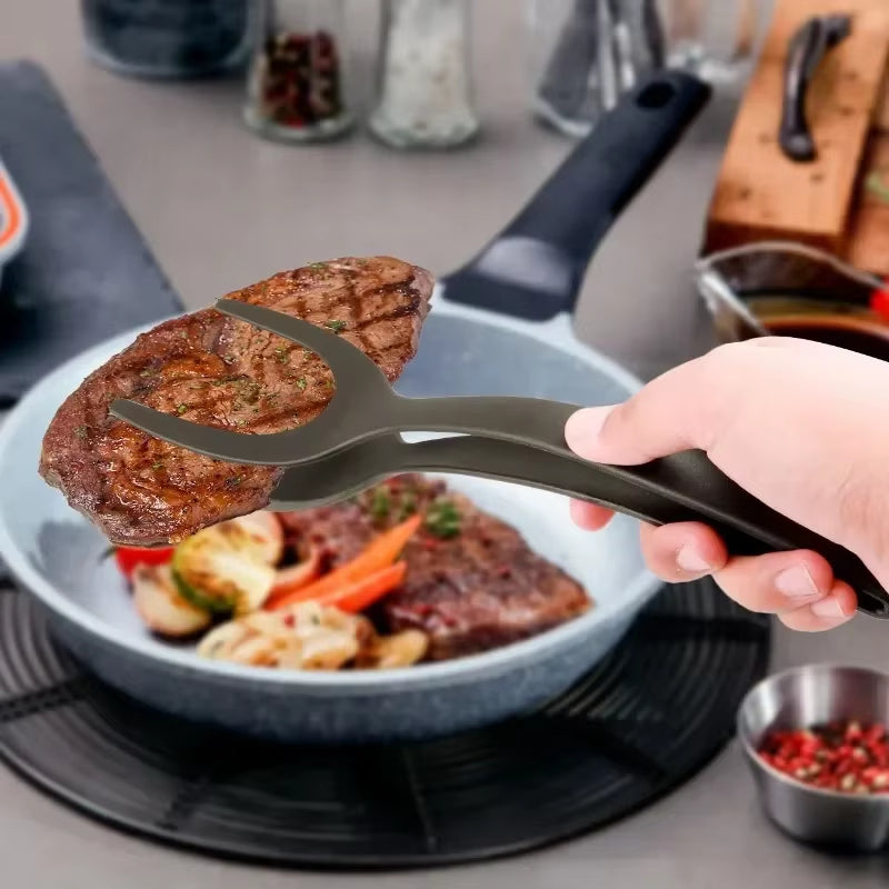 2-in-1 Nylon Grip Spatula Tongs - Versatile Egg, Steak, and Pancake Turner Clamp. Perfect Kitchen Accessory for Cooking and Serving.