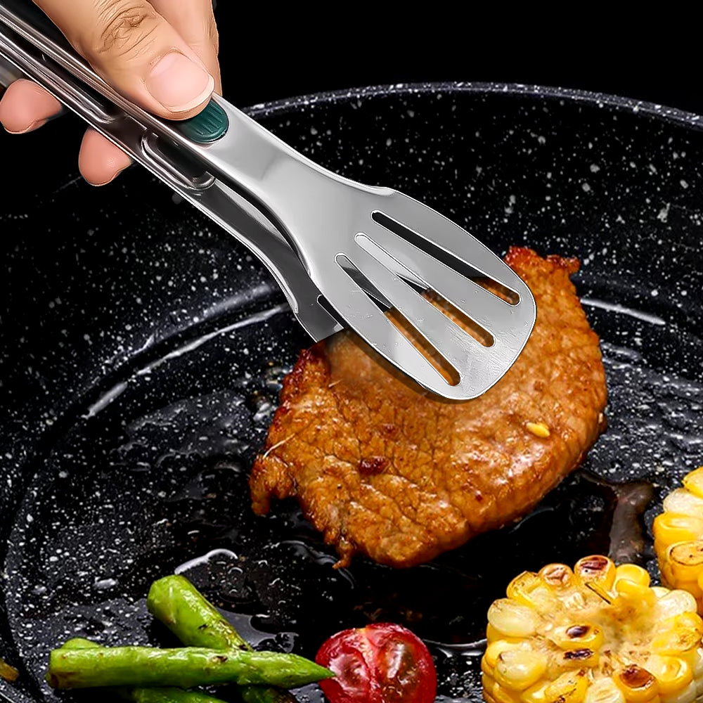 Stainless Steel Barbecue Tongs - Food Serving Clip for Meat, Salad, Steak, Chicken, Noodles, and More. Durable BBQ Cooking Tool and Kitchen Utensil.