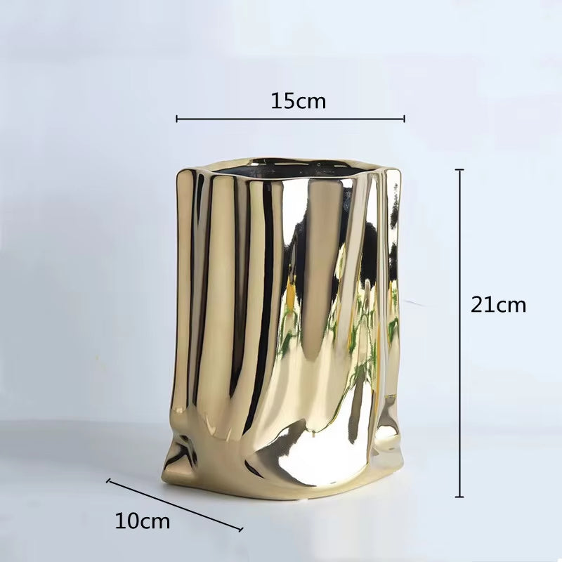 Silver Ruffled Ceramic Flower Vase – Porcelain Bag-Shaped Vase for Flower Arrangements, Home Décor, and Terrarium Display