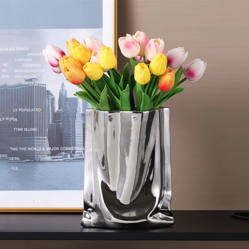 Silver Ruffled Ceramic Flower Vase – Porcelain Bag-Shaped Vase for Flower Arrangements, Home Décor, and Terrarium Display