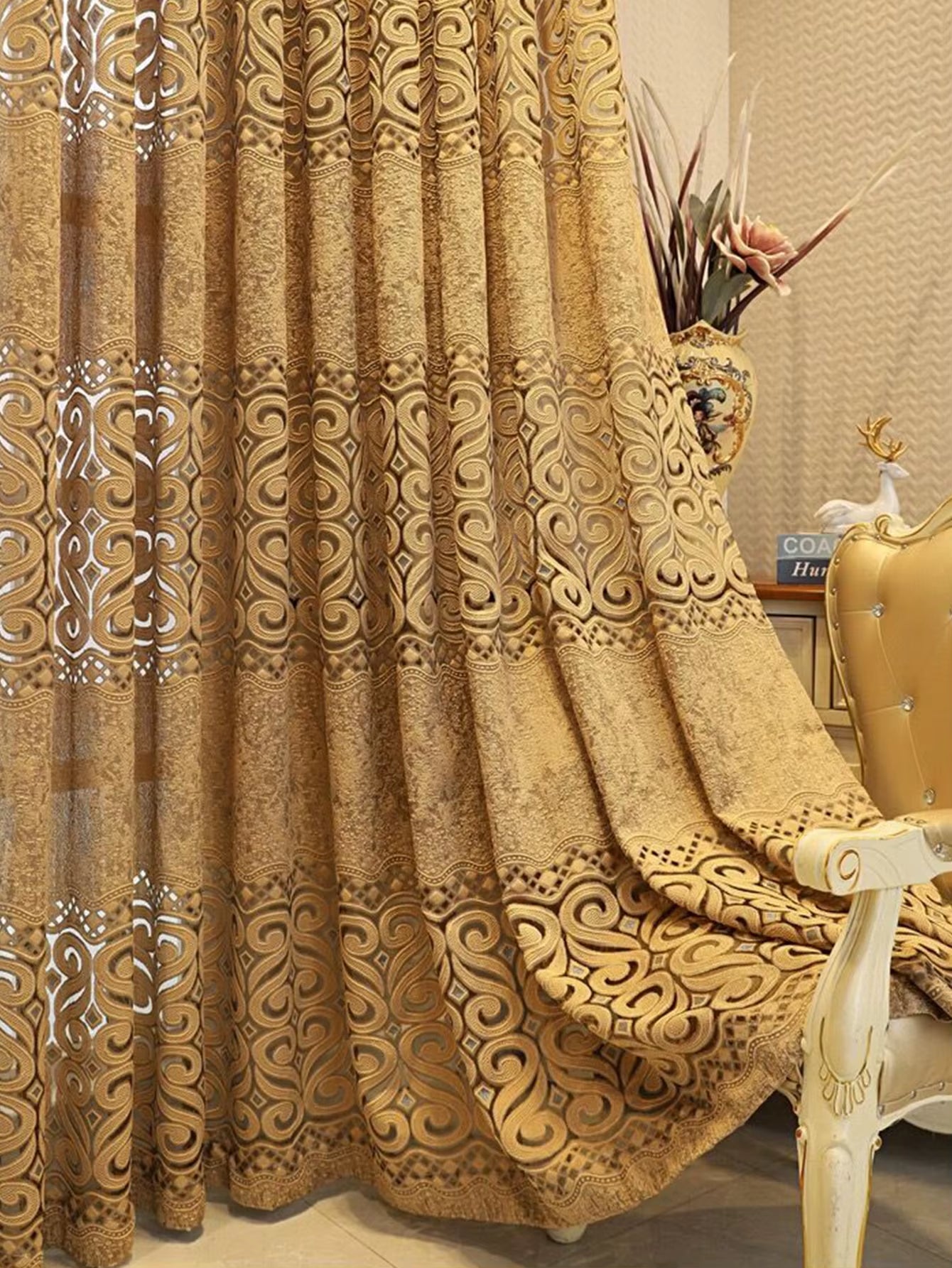  Khaki Eight-Character Hollow Perforated Curtains – Perfect for Living Room and Bedroom Décor