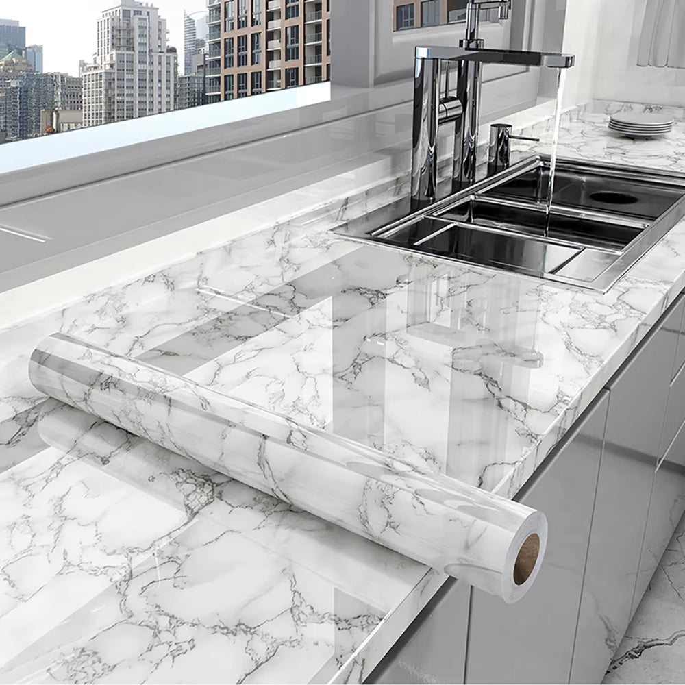 40cm Self-Adhesive Marble Pattern Kitchen Wallpaper – Waterproof, Oil-Proof PVC Home Decoration for a Luxurious Look